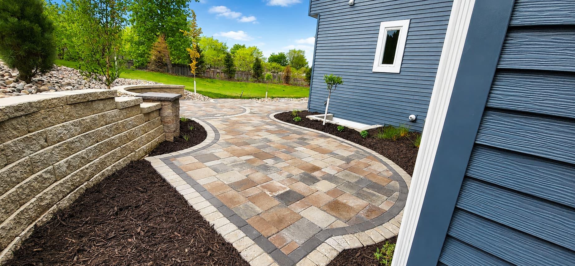 Sweeping curved paver patio with a tiered stone retaining wall, navy-blue house, blue sky