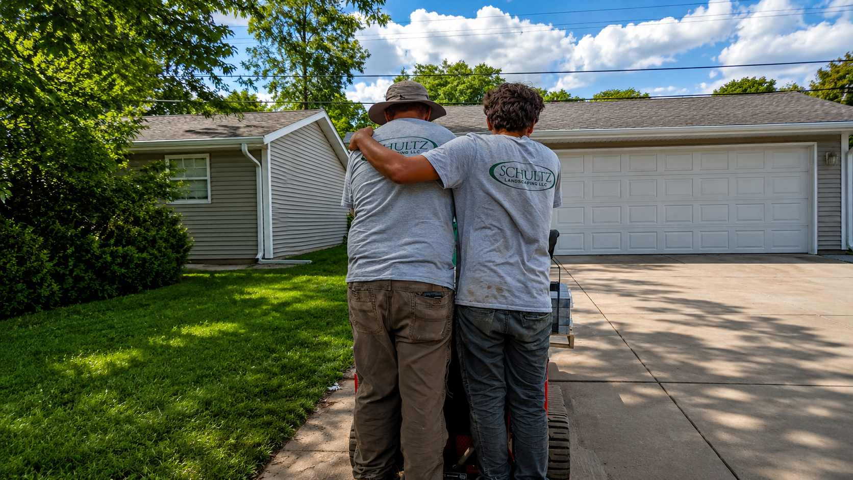 Two Schultz crew members, arms over each other's shoulders, backs showing the Schultz logo, residential driveway
